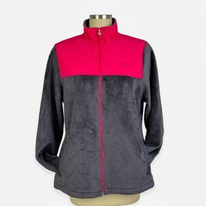 Fila Sport Jacket Women Large Velour Fleece Lined Full Zip Gray Pink Athleisure